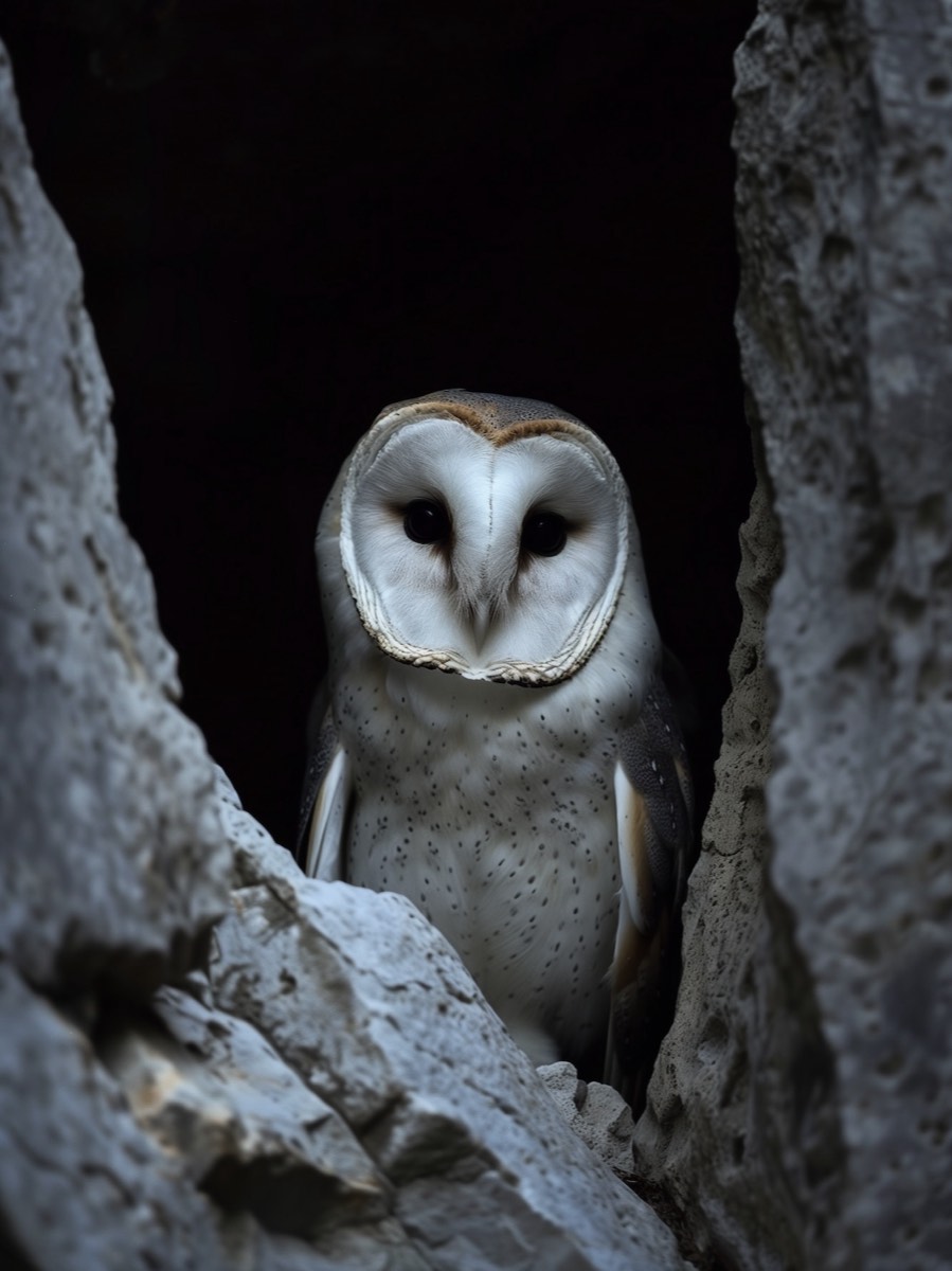 A barn owl watching from a cleft in the rock